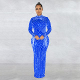 Mesh See-through Rhinestone Long-sleeved Long Skirt Lined Two-piece Set