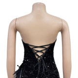 Solid Color Strapless Backless Sequined Feather Dress