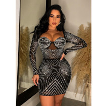 Solid Color Mesh Permed Diamond Long Sleeve Tube Top Dress