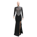 Round Neck Long Sleeves High Slit Rhinestone See-through Dress