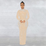 Mesh See-through Rhinestone Long-sleeved Long Skirt Lined Two-piece Set