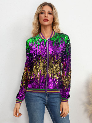 Long-sleeved Cardigan Stand-up Collar Sequined Baseball Jacket