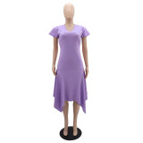 Temperament Slim Irregular Solid Color High Waist Women's Dress