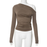 New Solid Color Oblique Shoulder Long Sleeve Gathered Crop Top T-shirt