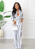 Autumn And Winter Striped Printed Long-sleeved Shirt And Trousers Two-piece Set