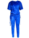 Embossed Short-sleeved Smocked Drawstring Trousers Two-piece Set