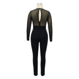 Solid Color Stitching Sexy See-through Slim Fit Jumpsuit
