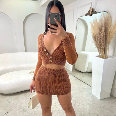 Large V-neck Sexy Short Top And Hip-covering Skirt Knitted Two-piece Set