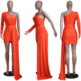 Fashionable Casual Sloping Shoulder Irregular Solid Color Dress