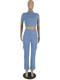 Casual Pockets And Leaky Waist Solid Color Two-piece Set