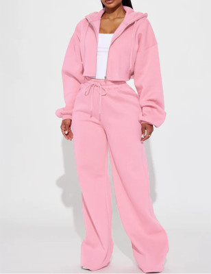 Solid Color Casual Sports Zipper Hooded Long-sleeved Wide-leg Two-piece Set