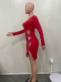 Sexy Solid Color Long-sleeved Heart-shaped Permed Diamond Dress