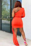 Fashionable Casual Sloping Shoulder Irregular Solid Color Dress
