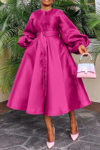 Solid Color Glossy Loose Buttoned Lantern Sleeve Dress