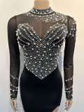 Hot Diamond Pearl See-through Waist Waistband Stretchy Split Dress
