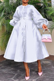 Solid Color Glossy Loose Buttoned Lantern Sleeve Dress