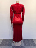 Glossy Slim Fit V-neck Hollow Long Bag Hip Dress