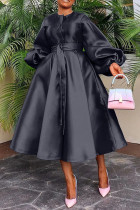 Solid Color Glossy Loose Buttoned Lantern Sleeve Dress