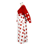 V-neck Lace-up High-waisted Polka-dot Print Dress