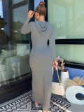 New Solid Color Long Sleeve Hooded Slim Fit Dress