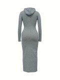 New Solid Color Long Sleeve Hooded Slim Fit Dress