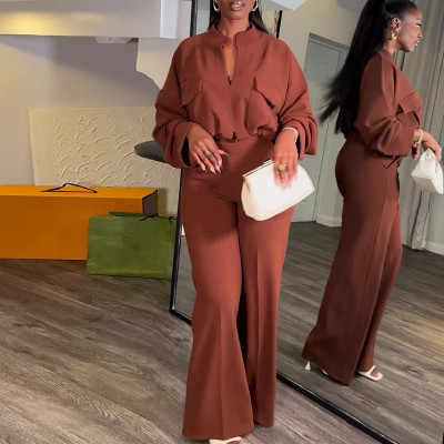New Casual V-neck Loose Long-sleeved Tops And Wide-leg Trousers Two-piece Set