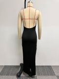 Deep V-neck Backless Stretch Bag Hip Slit Dress