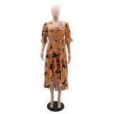V-neck Casual Temperament Printed Puff Sleeve Lace-up Dress