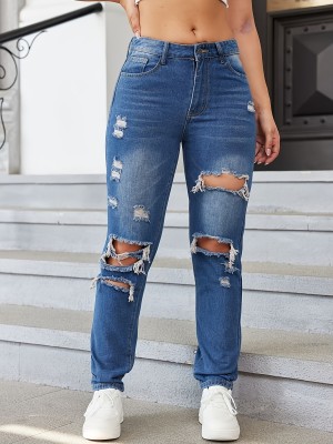 Casual Washed Ripped Straight-leg Jeans