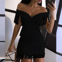 Sexy V-neck One-shoulder Fringed Bodycon Dress