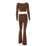 Winter New Solid Color Long-sleeved U-neck Bell Bottoms Two-piece Set