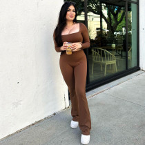 Winter New Solid Color Long-sleeved U-neck Bell Bottoms Two-piece Set