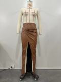 PU High Slit Irregular Zipper Skirt