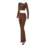 Winter New Solid Color Long-sleeved U-neck Bell Bottoms Two-piece Set