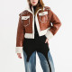 Temperament Retro Plus Velvet Lambswool Color-blocked PU Jacket