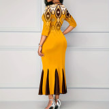 Elegant Hollow Large Size Slim Printed Fishtail Dress