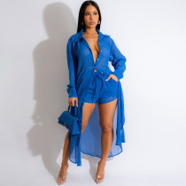 Fashionable Button Slit Casual Sexy See-through Two-piece Set
