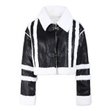 Women's Motorcycle Style Winter Contrast Color Stitching Lamb Wool Jacket