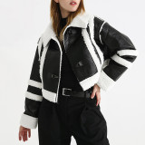 Women's Motorcycle Style Winter Contrast Color Stitching Lamb Wool Jacket