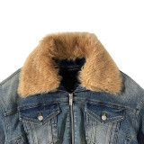 Retro Zipper New Winter Detachable Fur Collar Padded Denim Top