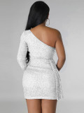 Fashionable Sequined One-shoulder Long-sleeved Ribbon Dress