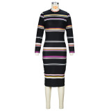 New Autumn And Winter Round Neck Striped Long-sleeved Knitted Dress
