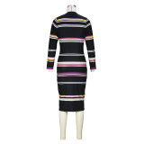 New Autumn And Winter Round Neck Striped Long-sleeved Knitted Dress