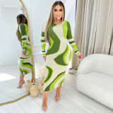 Fashion Printed Pit Stripe Tight Long Sleeve Dress