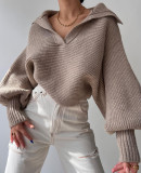 Loose Lantern Sleeve Open Collar Women's Short Sweater