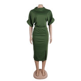 Fashion slim solid color slit skirt Two Piece Set