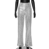 New Fashion Sequined High-waisted Wide-leg Loose Straight Trousers