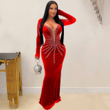 Fashion Women's Solid Color Sexy Rhinestone Long-sleeved Dress