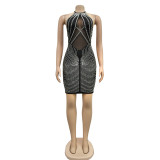 Solid Color Mesh Permed Diamond Backless Dress
