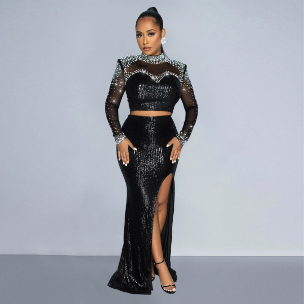 Fashion Women's Round Neck Mesh Sequin Long Sleeve Two-piece Set
